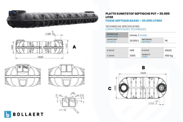 technische tekening platte kunststof septische put 20000 liter