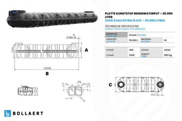 technische tekening platte kunststof regenwaterput 25000l