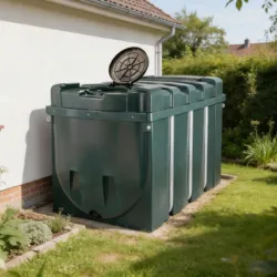 Une citerne à mazout domestique installée dans un jardin, respectant les recommandations de sécurité pour les volumes de moins de 3 000 litres en Wallonie."