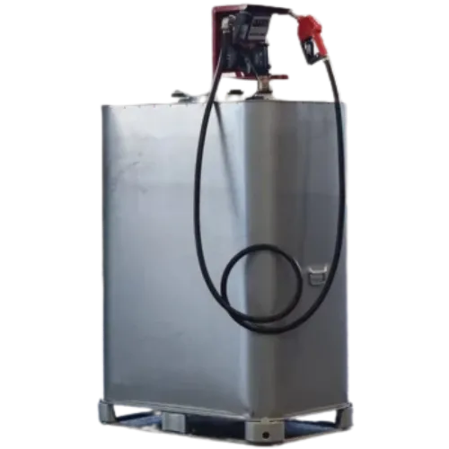 Location citerne mazout 1000 litres en acier galvanisé équipée d'une pompe de distribution intégrée.