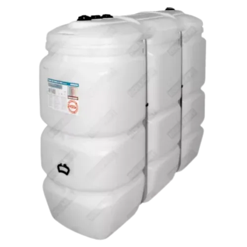 Location citerne mazout 1500 litres à double paroi en PE blanc pour une installation intérieure sécurisée.