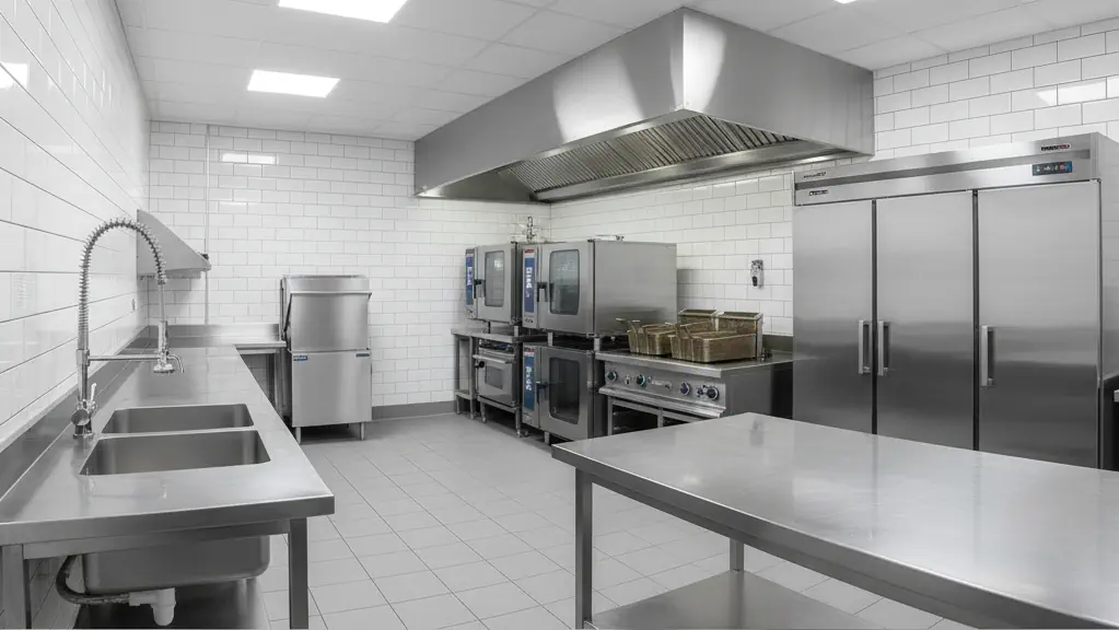 Vue d'une cuisine professionnelle moderne nécessitant l'installation d'un séparateur de graisse pour traiter les eaux usées.