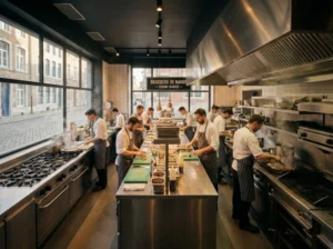 Une cuisine de restaurant moderne en Wallonie nécessitant l'installation d'un bac à graisse conforme aux normes.