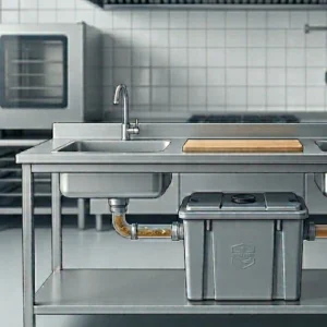 Installation d'un dégraisseur hors-sol Bollaert sous un évier de cuisine professionnelle en Wallonie pour la séparation des graisses Horeca.