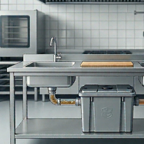 Installation d'un dégraisseur hors-sol Bollaert sous un évier de cuisine professionnelle en Wallonie pour la séparation des graisses Horeca.