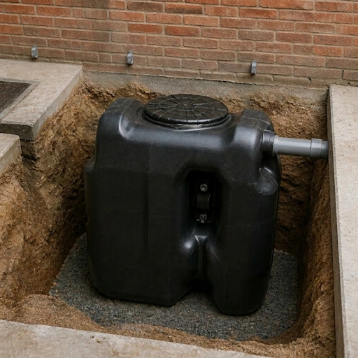 Bac à graisse enterré installé à l’extérieur dans une excavation avec lit de gravier et raccordement, idéal pour une pose durable et discrète.