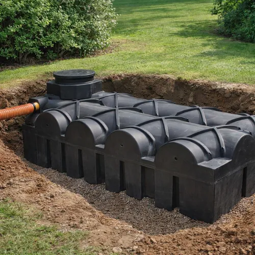 Citerne eau de pluie à enterrer installée dans un jardin, prête à être recouverte pour garder un maximum d’espace extérieur.
