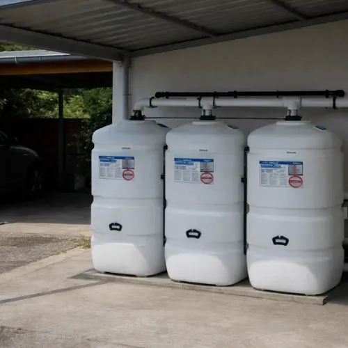 Citerne mazout double paroi aérienne installée sous un carport, avec un stockage compact et directement accessible du mazout.