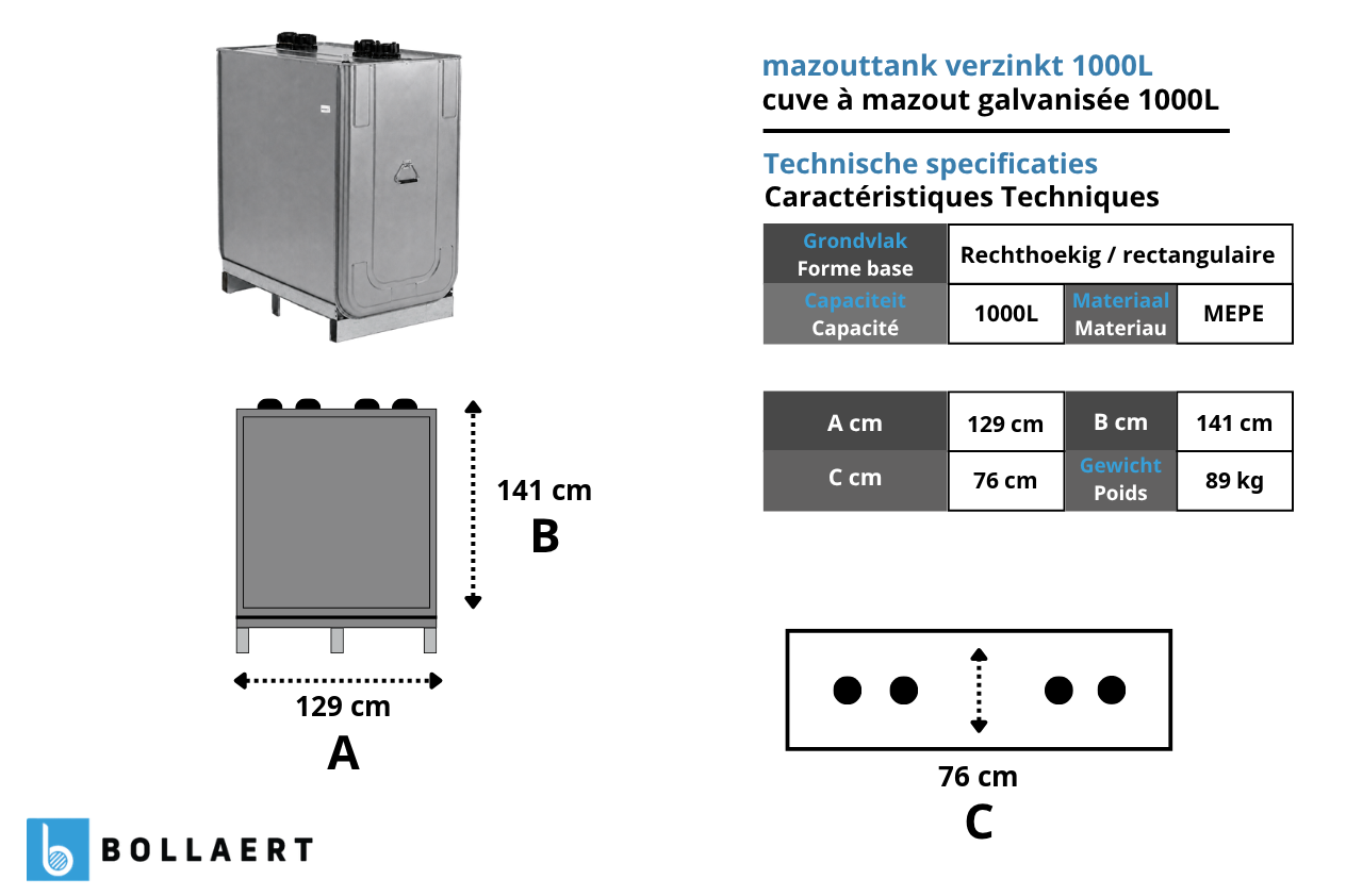 Fiche technique – Citerne mazout galvanisée 1000L – aérienne – double paroi
