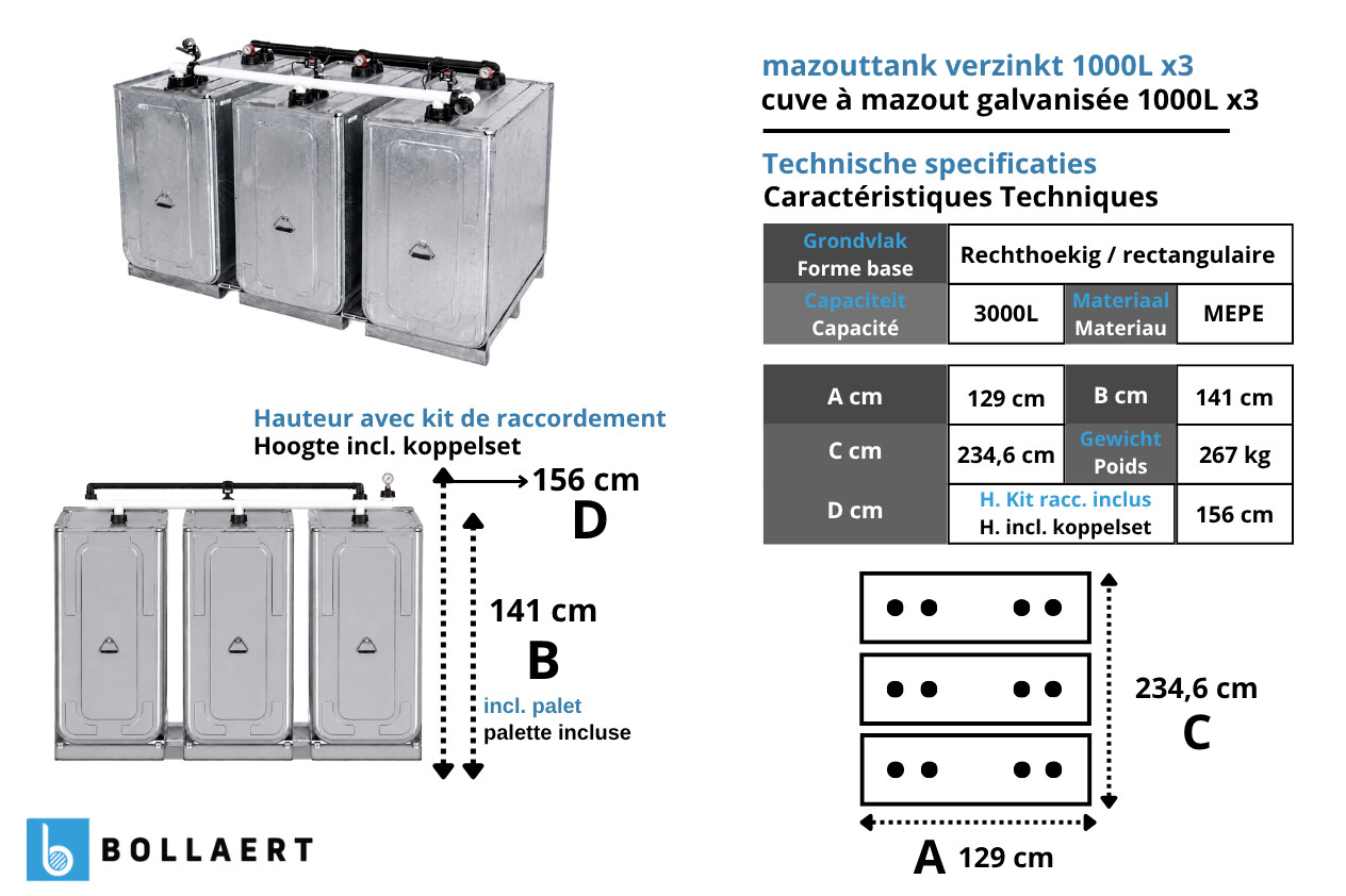 Fiche technique – Cuve à mazout GALVA: 3 x 1000L (=3000L) - jumelage