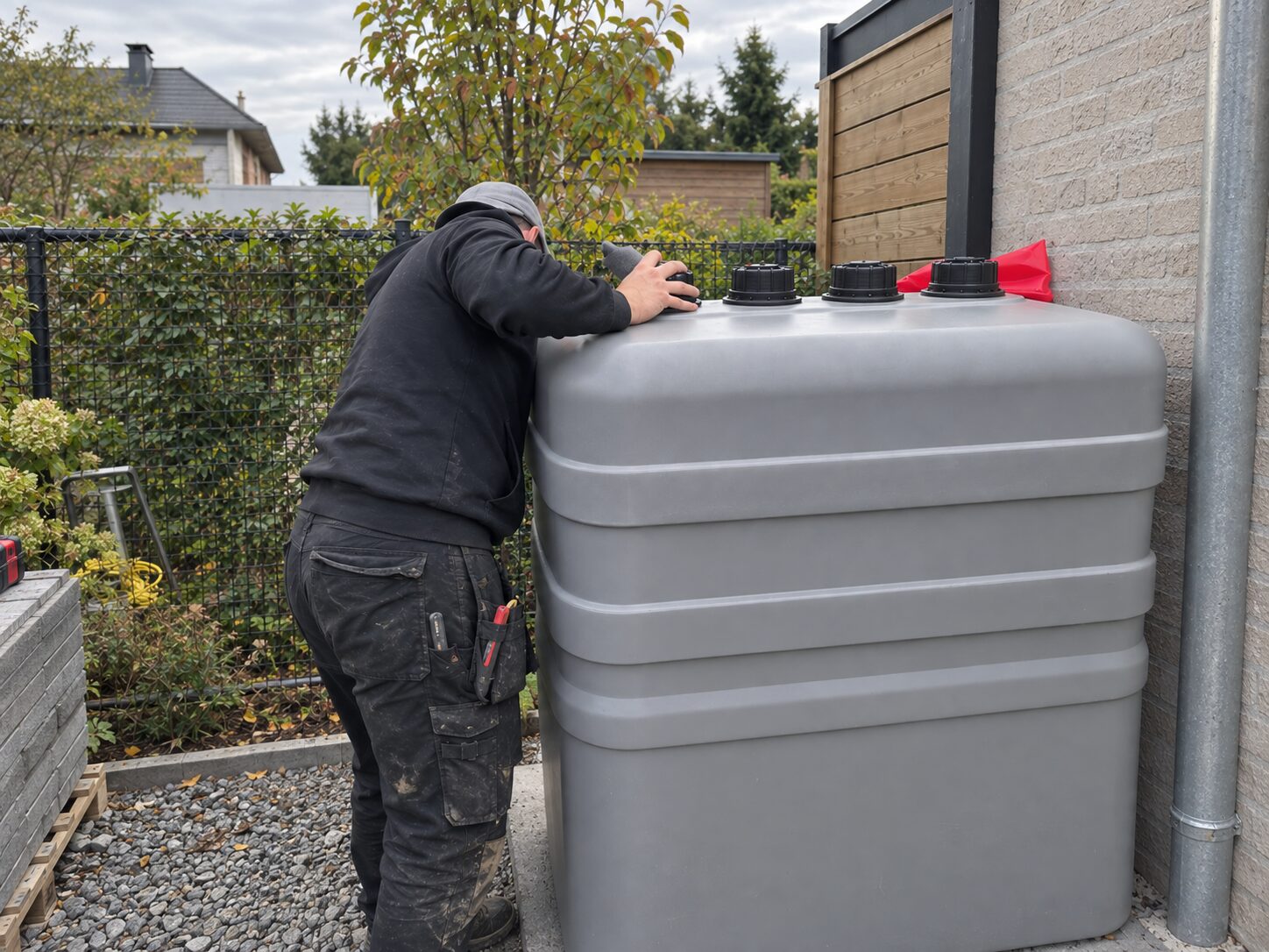 Installateur qui installe une cuve à mazout chez un particulier