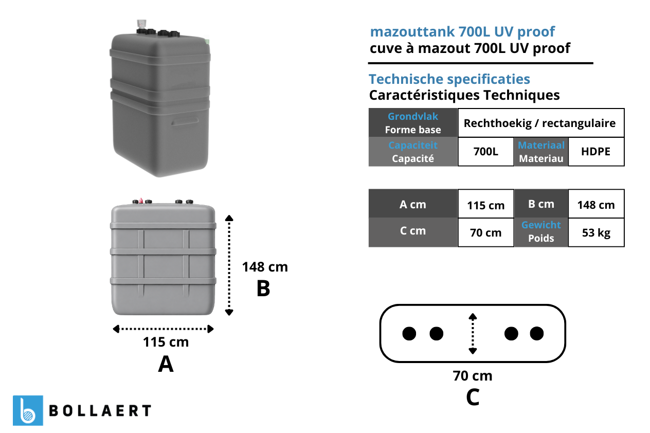 Plan technique avec dimensions de la cuve à mazout à double paroi 700 litres