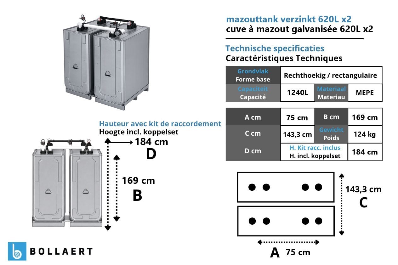 Dessin technique avec dimensions des cuves à mazout galvanisées jumelées 2 x 620 litres