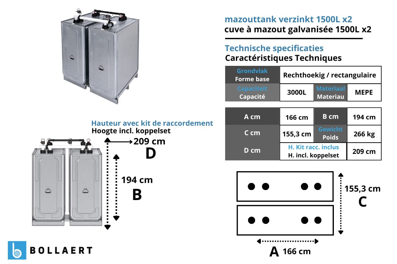 Dessin technique avec dimensions des cuves à mazout galvanisées jumelées 2 x 1500 litres
